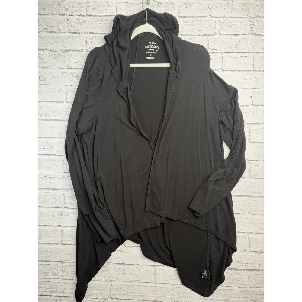 Torrid Super Soft Knits Black Hooded Open Front Sharkbite Cardigan 2 2X